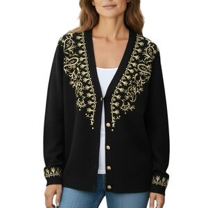 CASUAL CORNER Black Cardigan Sweater Gold Embroidery Wool Blend